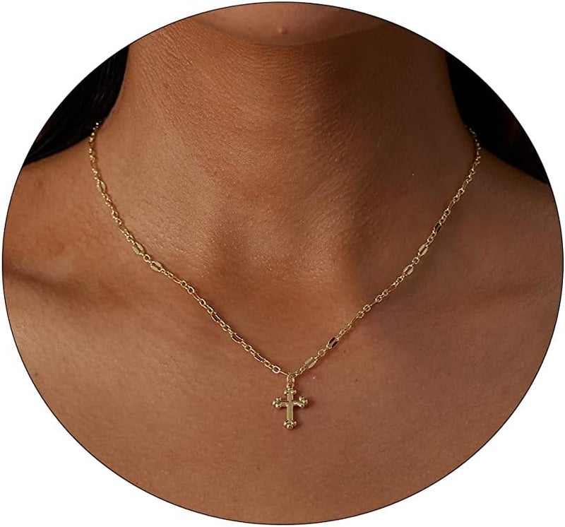 VIROMY Gold Cross Necklace for Women 14K Gold Plated Cute Sidways Cross Pendant Choker Necklaces Simple Trendy Everyday Jewelry for Women - Image 1